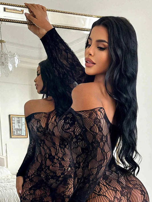 Fishnet Lace Off-Shoulder Nightgown