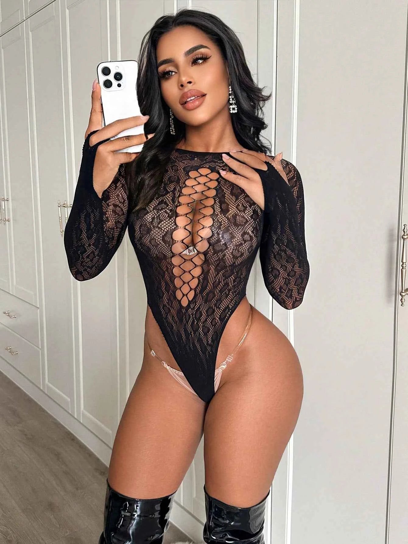 One-Piece Mesh Bodysuit Knot - Black