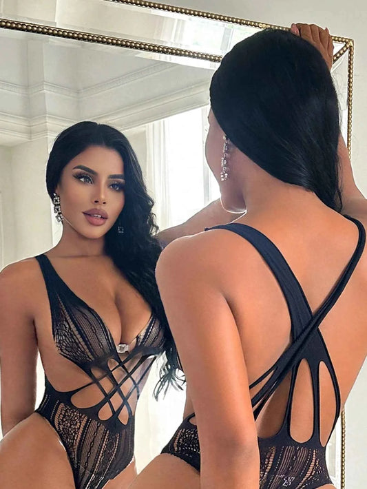 Deep V-Neck Criss-Cross Lace Jumpsuit