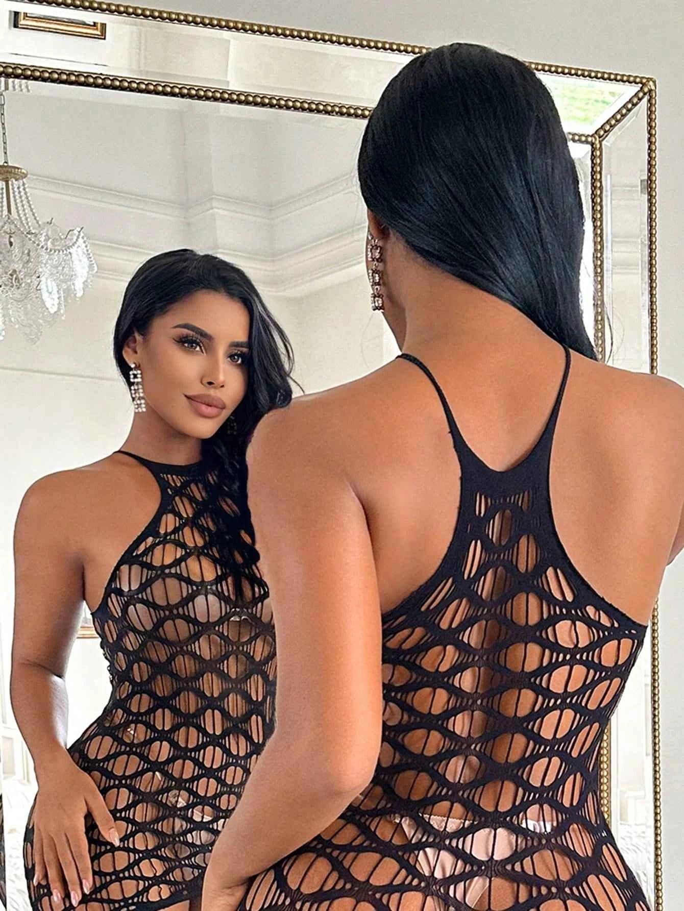 Halter Neck Large Mesh Bodycon Mini Dress