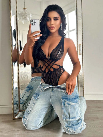 Deep V-Neck Criss-Cross Lace Jumpsuit
