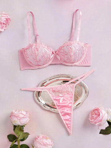 2pc Underwire Balconette Push Up Embroidered Mesh Bow Satin Patchwork Lingerie Set