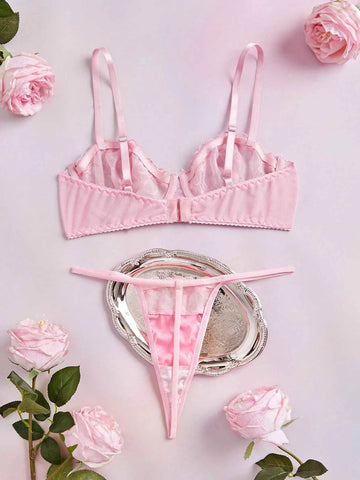 2pc Underwire Balconette Push Up Embroidered Mesh Bow Satin Patchwork Lingerie Set