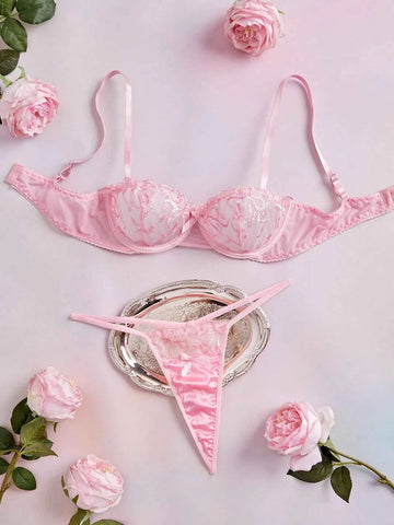2pc Underwire Balconette Push Up Embroidered Mesh Bow Satin Patchwork Lingerie Set