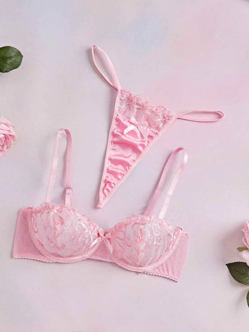 2pc Underwire Balconette Push Up Embroidered Mesh Bow Satin Patchwork Lingerie Set