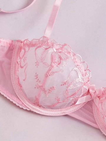 2pc Underwire Balconette Push Up Embroidered Mesh Bow Satin Patchwork Lingerie Set