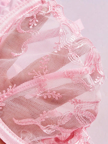2pc Underwire Balconette Push Up Embroidered Mesh Bow Satin Patchwork Lingerie Set