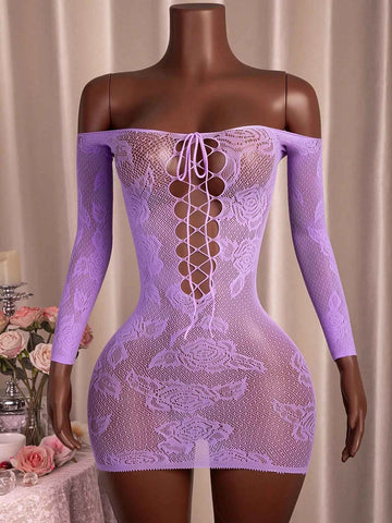 Off-Shoulder Long Sleeve Tie Mesh Dress - Purple