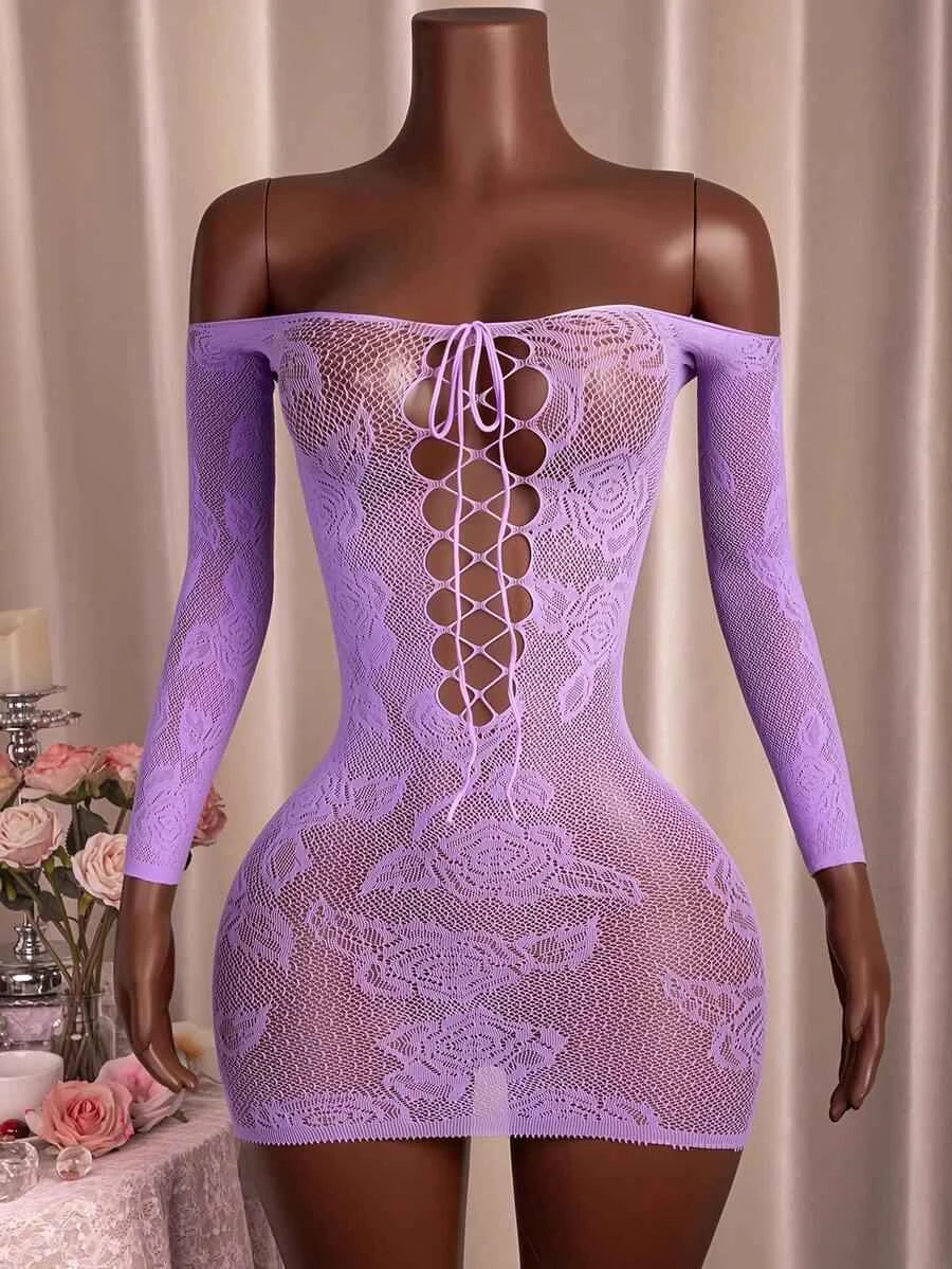 Off-Shoulder Long Sleeve Tie Mesh Dress - Purple