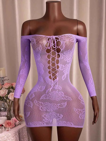 Off-Shoulder Long Sleeve Tie Mesh Dress - Purple