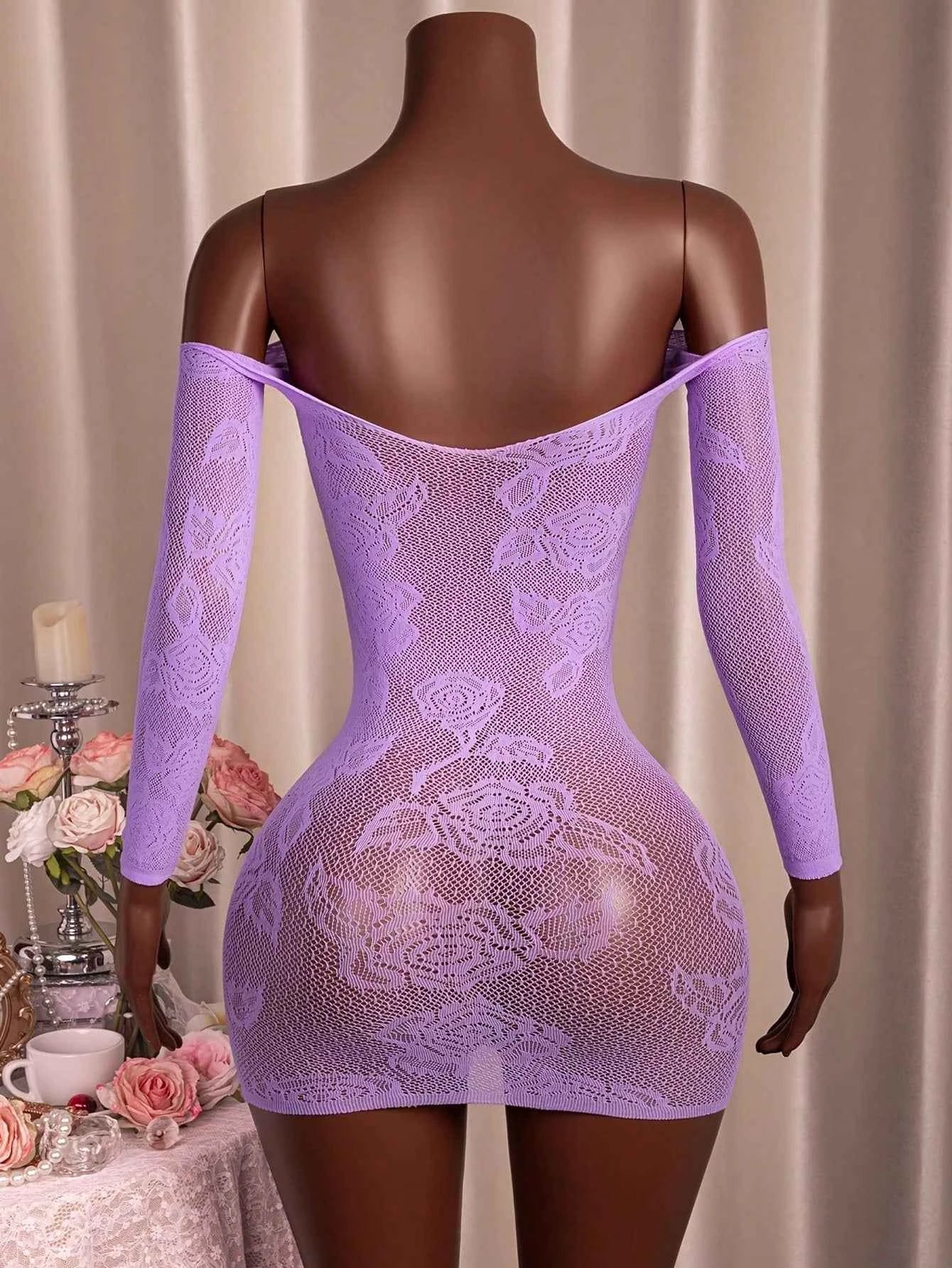 Off-Shoulder Long Sleeve Tie Mesh Dress - Purple