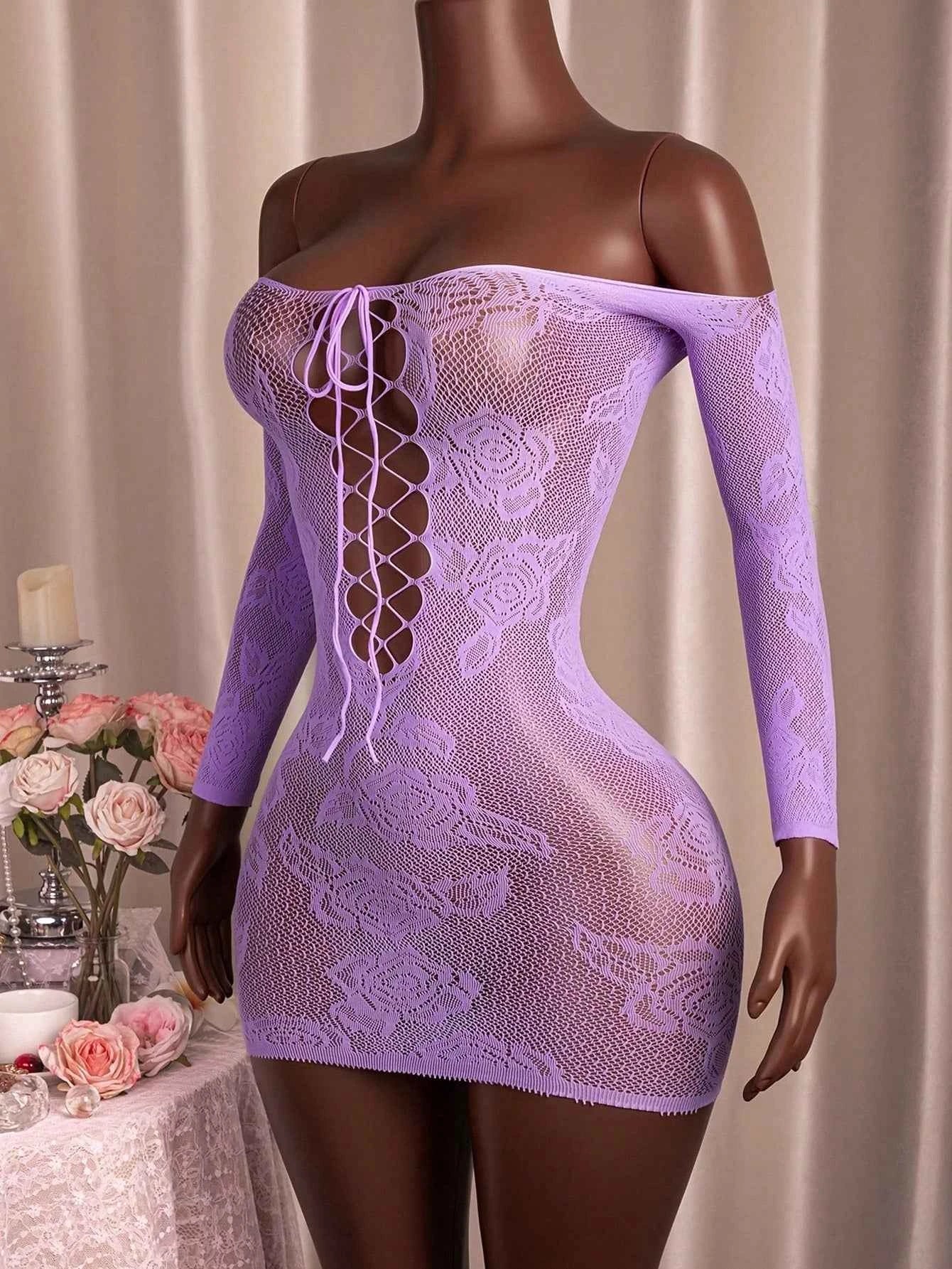 Off-Shoulder Long Sleeve Tie Mesh Dress - Purple