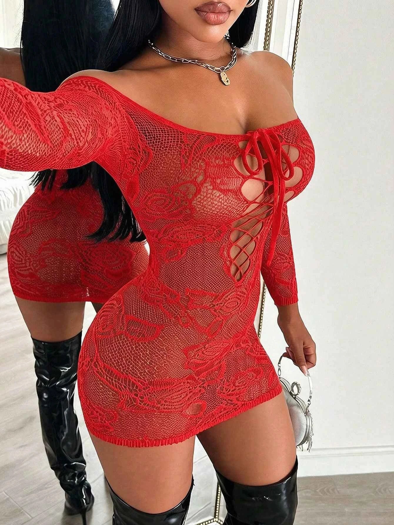 Hollow Cross Strap Off-Shoulder Nightgown - Red