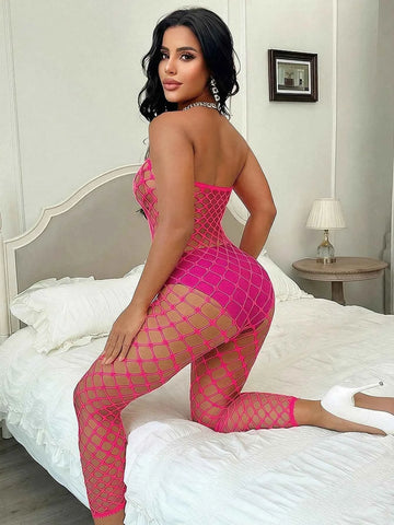 One-Piece Mesh Bodysuit Teddy - Hot Pink