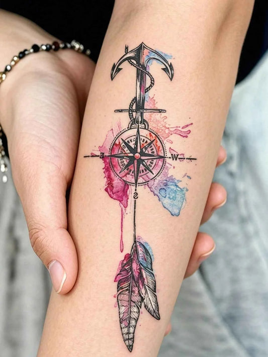 Pink Compass Feather Boho Tattoo Sticker