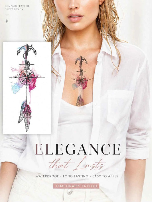 Pink Compass Feather Boho Tattoo Sticker