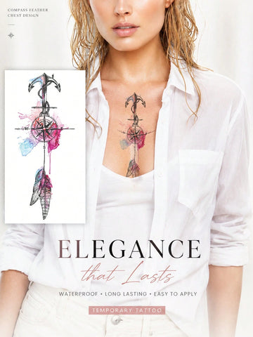Pink Compass Feather Boho Tattoo Sticker