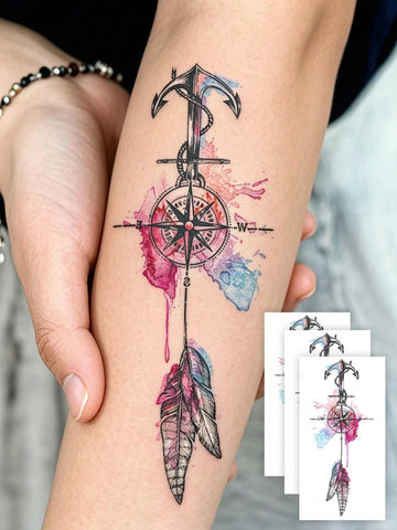 Pink Compass Feather Boho Tattoo Sticker