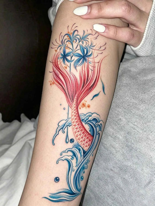 Red Fish Tail Wave Tattoo Sticker