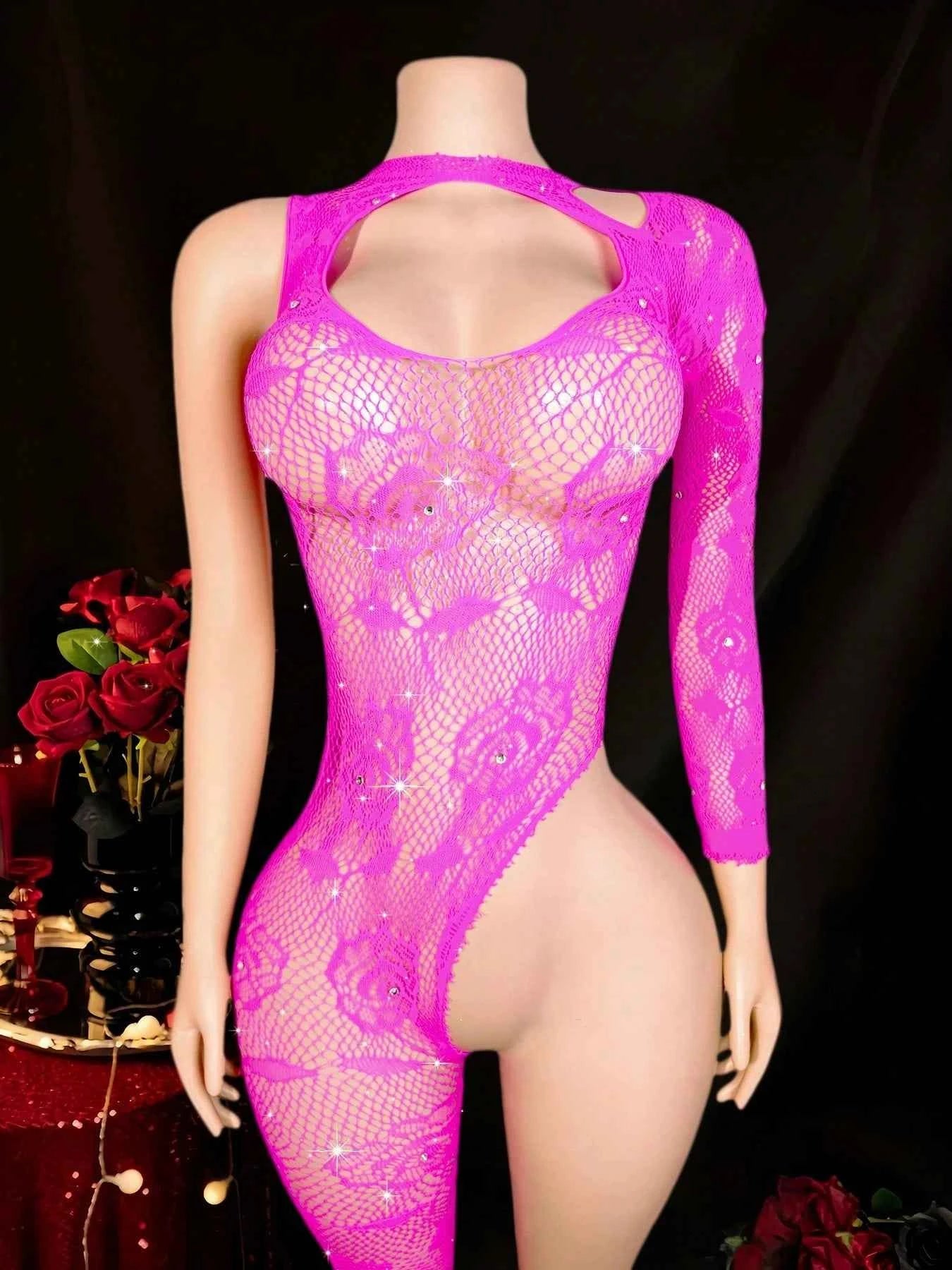 Rhinestone Mesh Backless Halter Jumpsuit