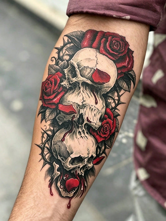 Vintage Gothic Roses Skull Tattoo Sticker