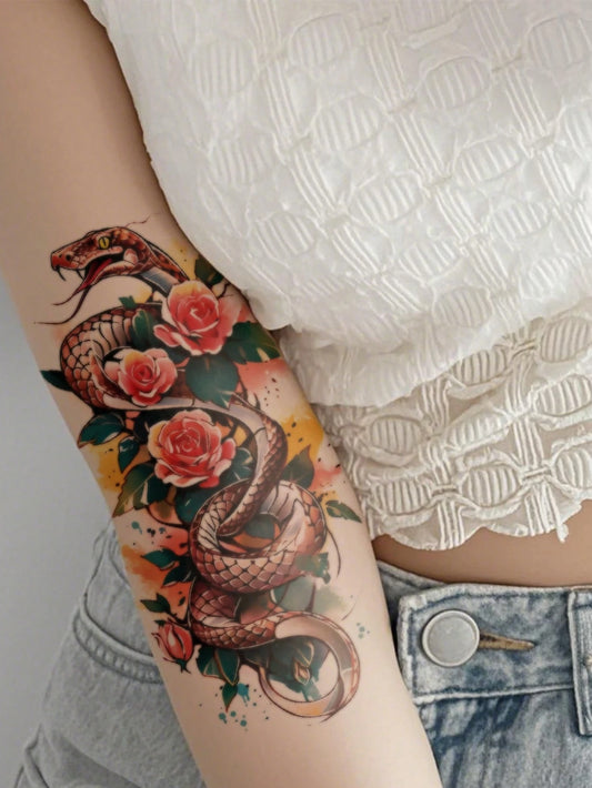 Colorful Rose Snake Flower Tattoo Sticker