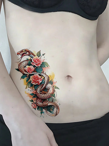Colorful Rose Snake Flower Tattoo Sticker