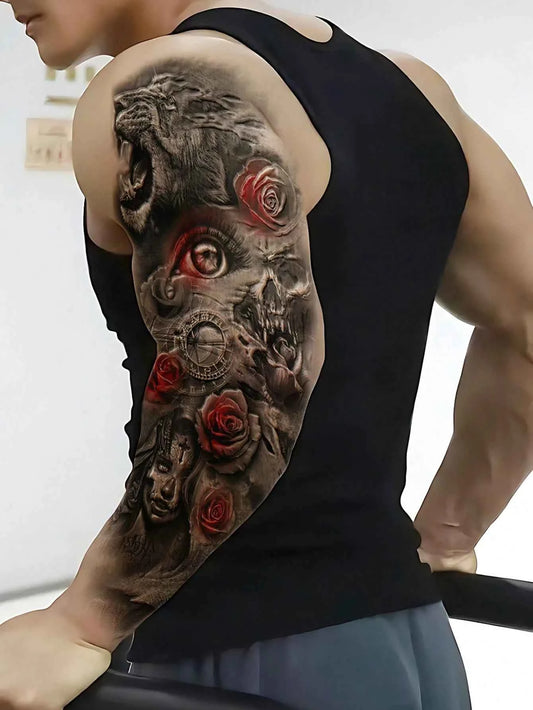 Gothic Lion Skull Rose Sleeve Tattoo Sticker