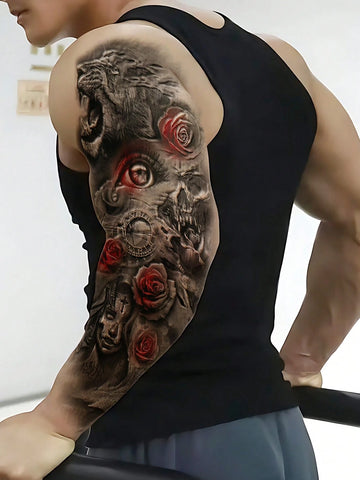 Gothic Lion Skull Rose Sleeve Tattoo Sticker