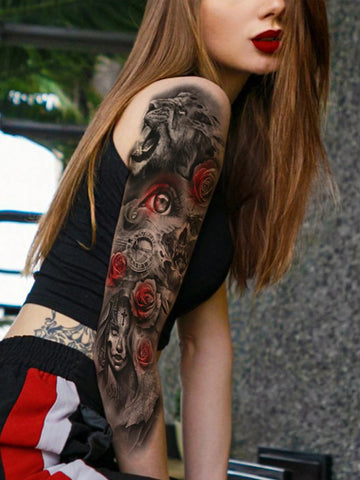 Gothic Lion Skull Rose Sleeve Tattoo Sticker
