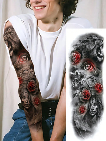 Gothic Lion Skull Rose Sleeve Tattoo Sticker