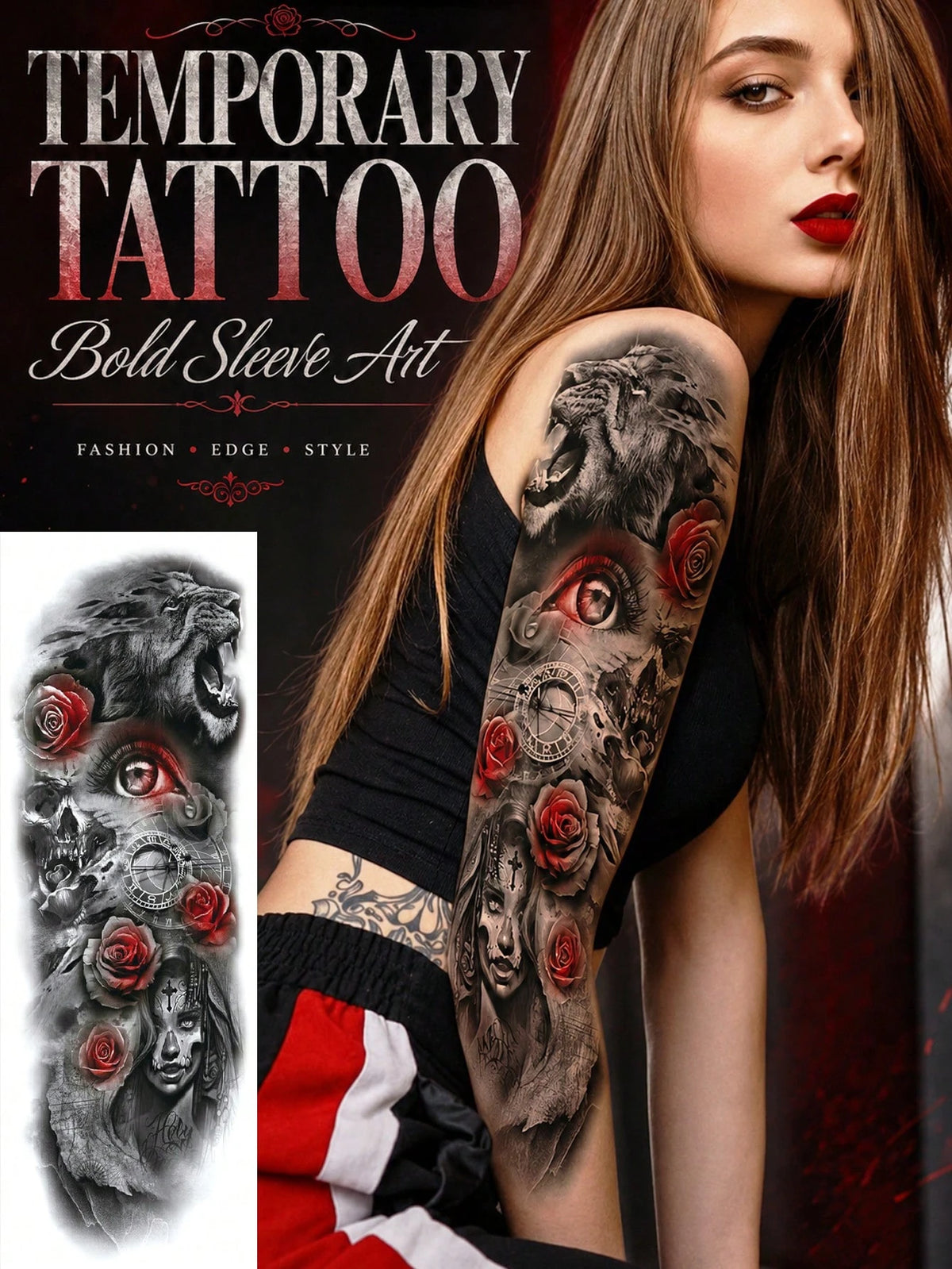 Gothic Lion Skull Rose Sleeve Tattoo Sticker