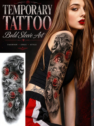 Gothic Lion Skull Rose Sleeve Tattoo Sticker