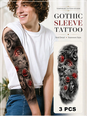 Gothic Lion Skull Rose Sleeve Tattoo Sticker
