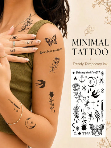 Moon Swallow Rose Butterfly Tattoo Set
