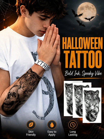 Halloween Tiger Lion Skull Tattoo Set