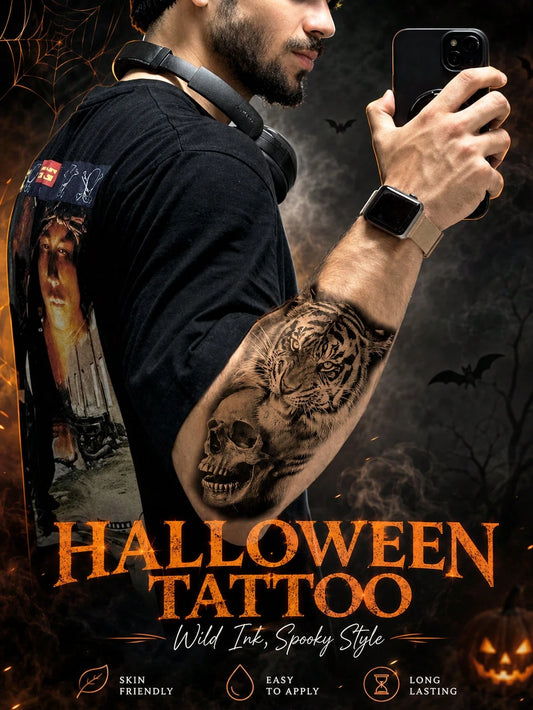 Halloween Tiger Lion Skull Tattoo Set