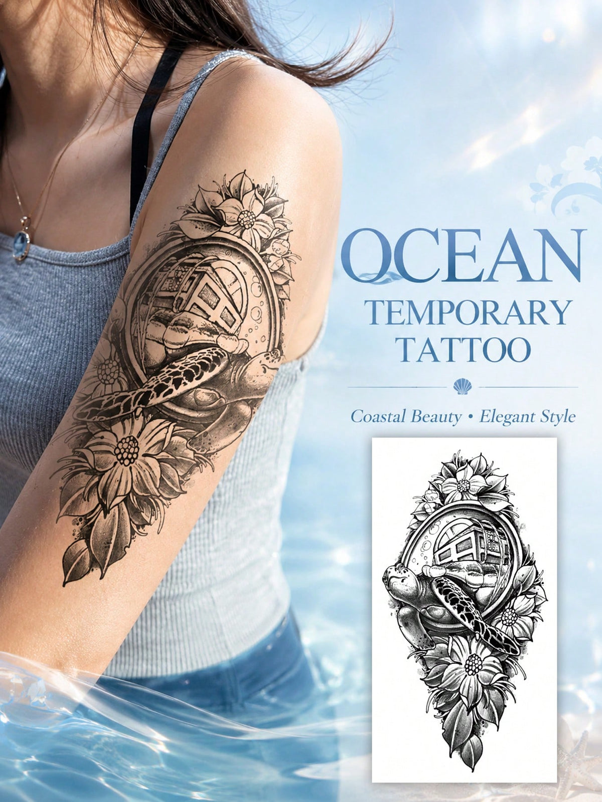 Sea Turtle Floral Tattoo Sticker