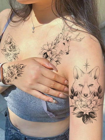 Floral Fox Deer Tattoo Sticker