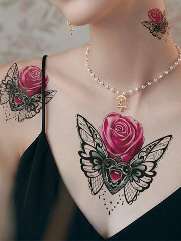 Pink Rose Butterfly Wing Tattoo Sticker II