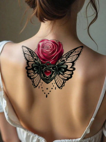 Pink Rose Butterfly Wing Tattoo Sticker II