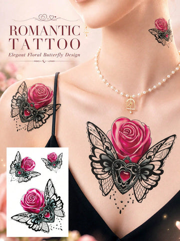 Pink Rose Butterfly Wing Tattoo Sticker II
