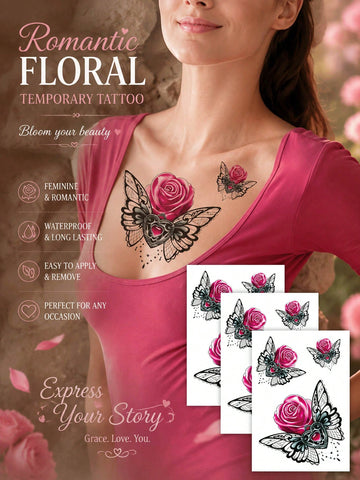 Pink Rose Butterfly Wing Tattoo Sticker II