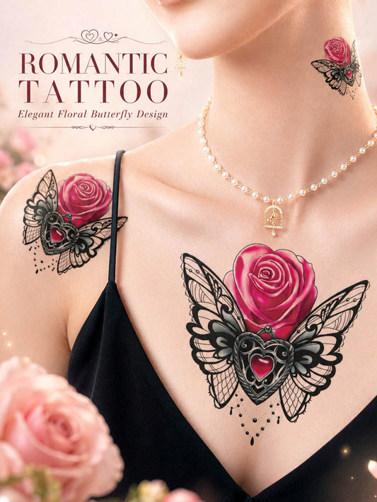 Pink Rose Butterfly Wing Tattoo Sticker II