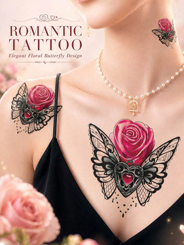 Pink Rose Butterfly Wing Tattoo Sticker II