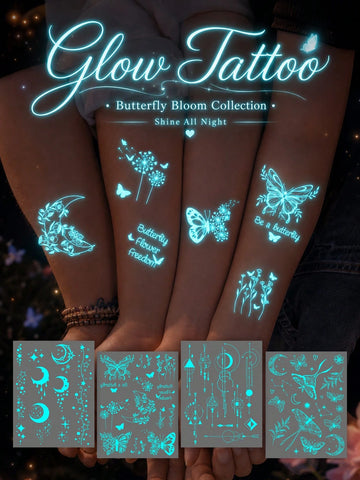 Glow-in-Dark Celestial Butterfly Moon Tattoo Set