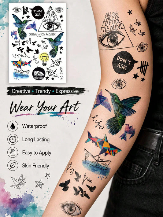 Boho Wolf Owl Feather Tattoo Set