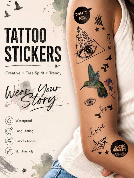Boho Wolf Owl Feather Tattoo Set