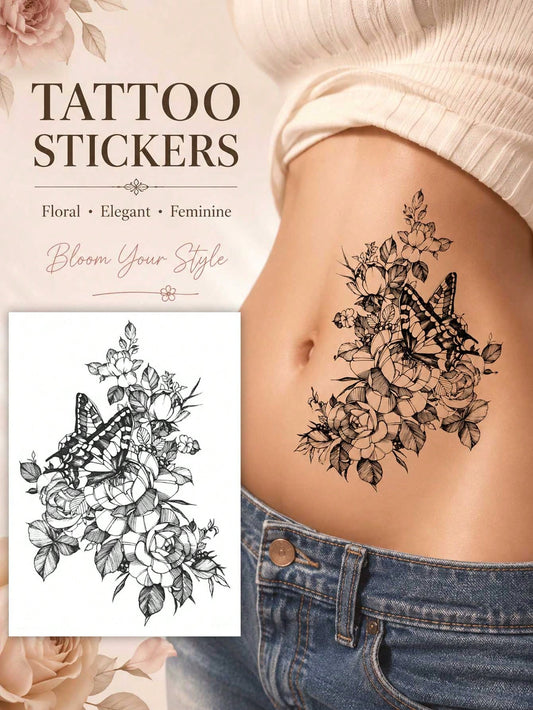 Floral Butterfly Rose Tattoo Sticker III