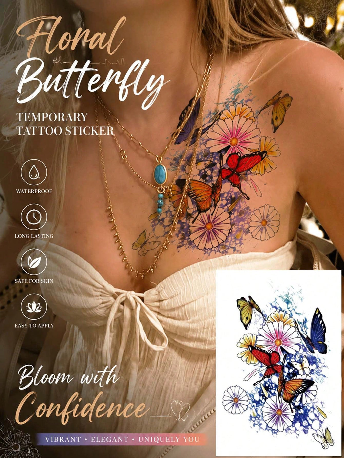 Colorful Butterfly Floral Watercolor Tattoo Sticker